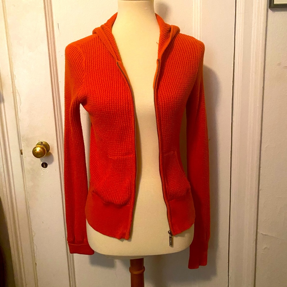 Vince hooded waffle-knit zippered sweater.